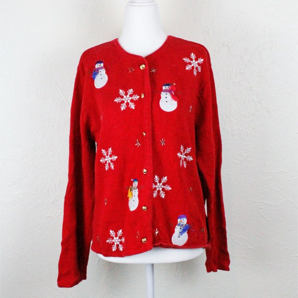 Crystal Kobe vintage 90s red christmas holiday snowman sweater cardigan size S